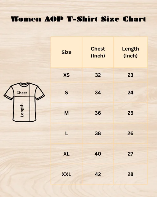 Ethnic Royal Women AOP Premium Classic T-Shirt size chart