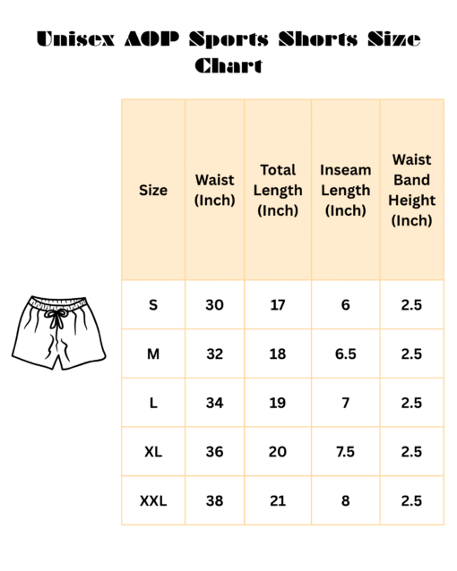 Brew Mosaic Premium Unisex AOP Sports Shorts size chart