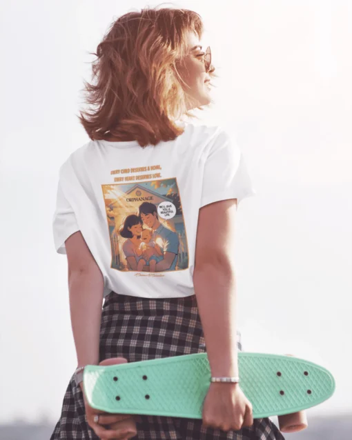Orphan Gold Back Print Premium Unisex T-Shirt women white modeled