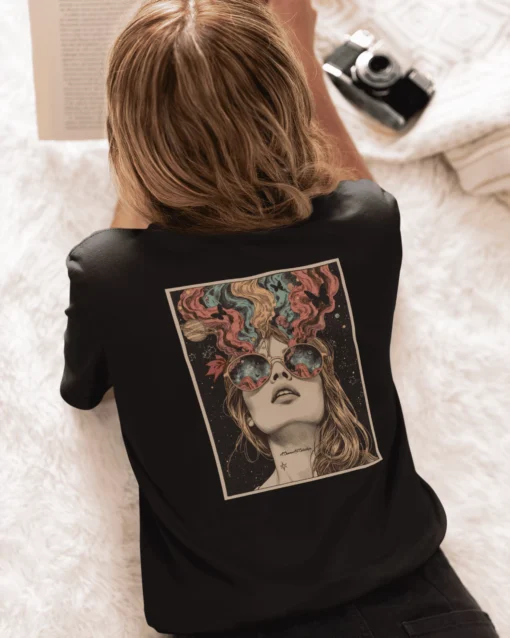 PsyAura Women’s Back Print Classic T-Shirt Black women modeled