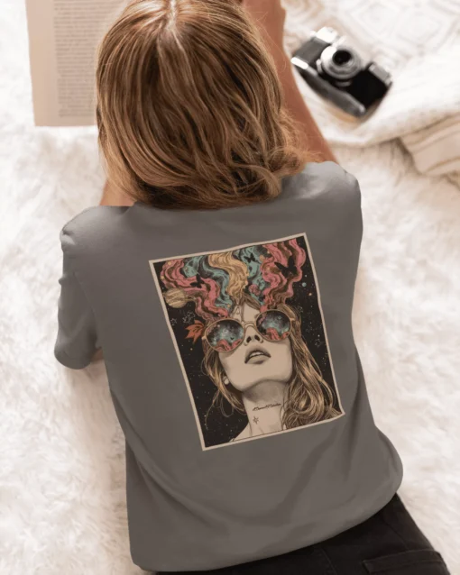 PsyAura Women’s Back Print Classic T-Shirt Charcoal Melange Women Modeled